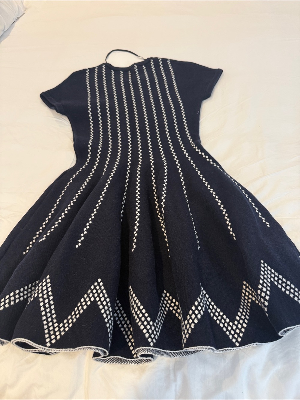 Ladies Black Knit Fit-and-Flare Dress with White Dot Pattern